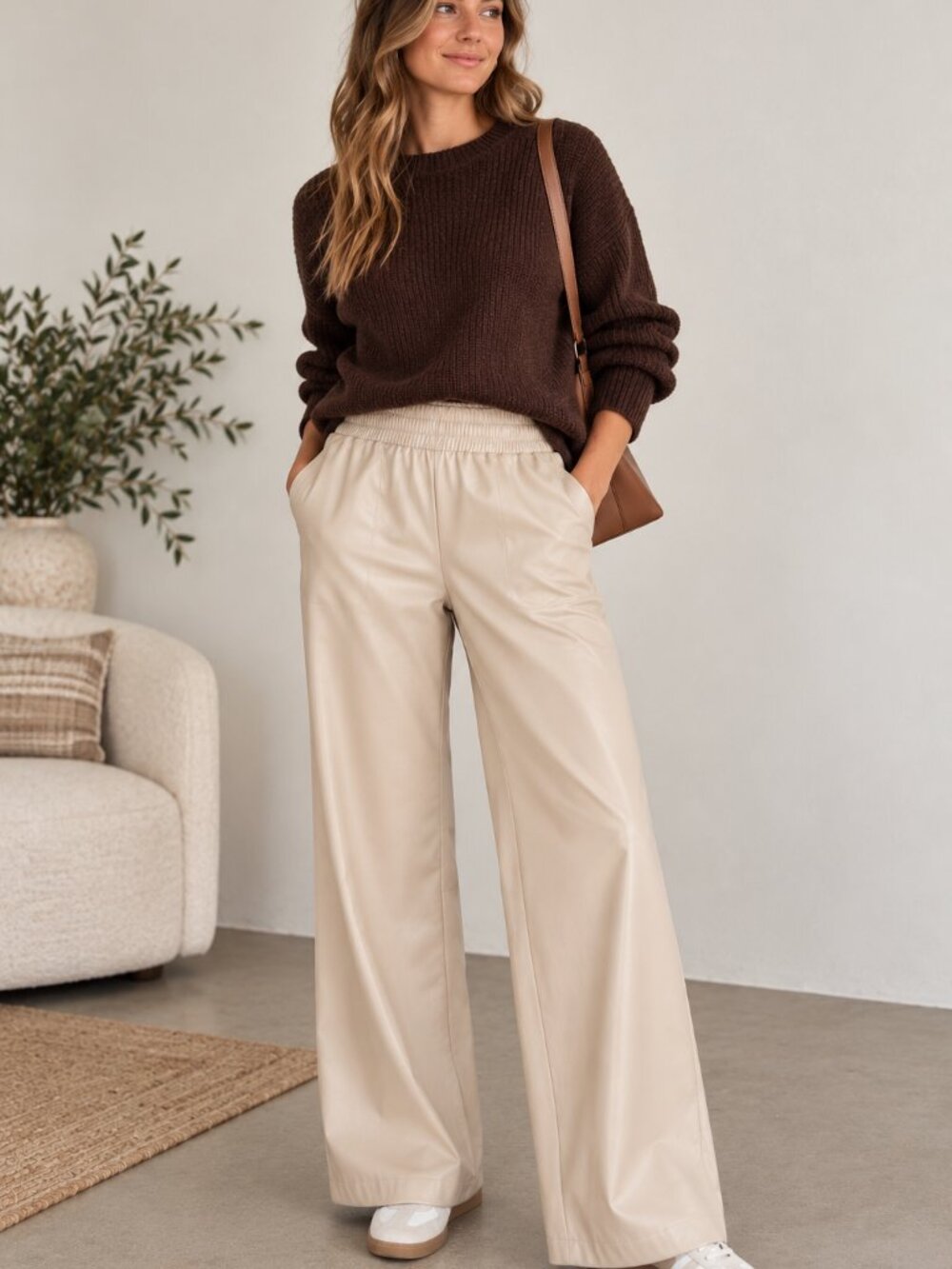OFFLINE by Aerie Real Luxe Faux Leather Wide Leg Pants M Beige NWT